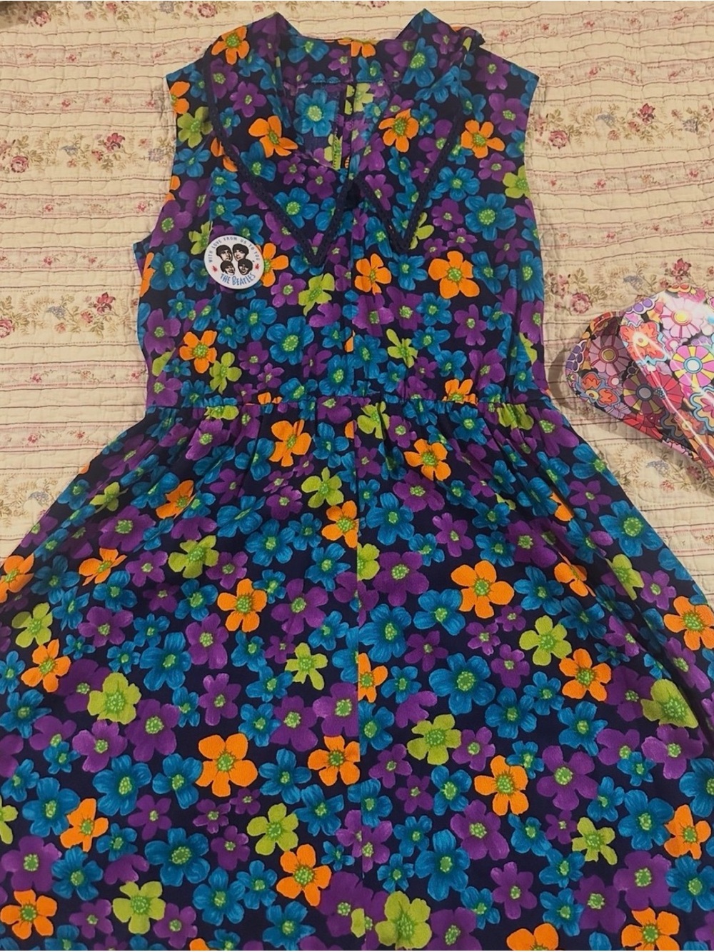 True Vintage 60s 70s Psychedelic Floral Mod Dress Dagger Collar Lace Trim S/M M